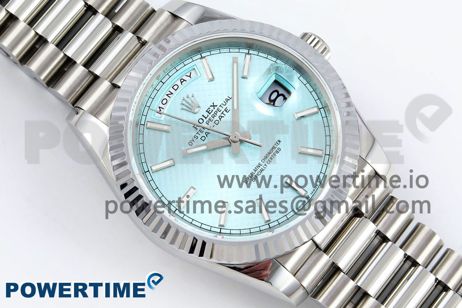DayDate 40 SS JDF 904L Steel Ice Blue Textured Dial on President Bracelet VR3255 V3 (Gain Weight) - Image 3