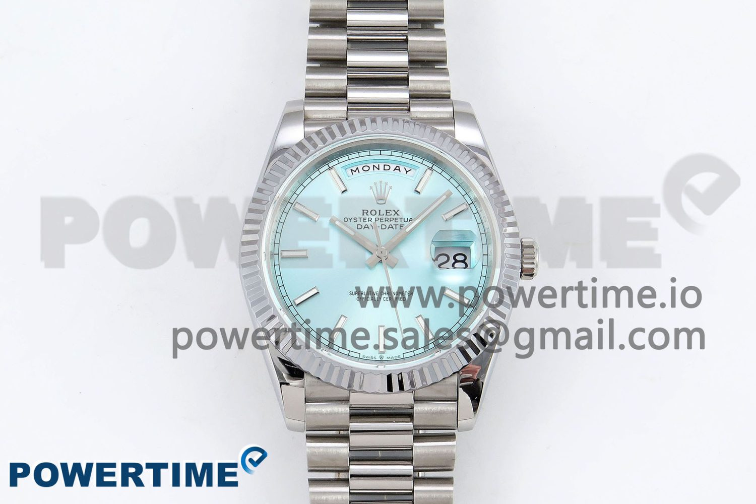 DayDate 40 SS JDF 904L Steel Ice Blue Stick Dial on President Bracelet VR3255 V3 (Gain Weight) - Image 1
