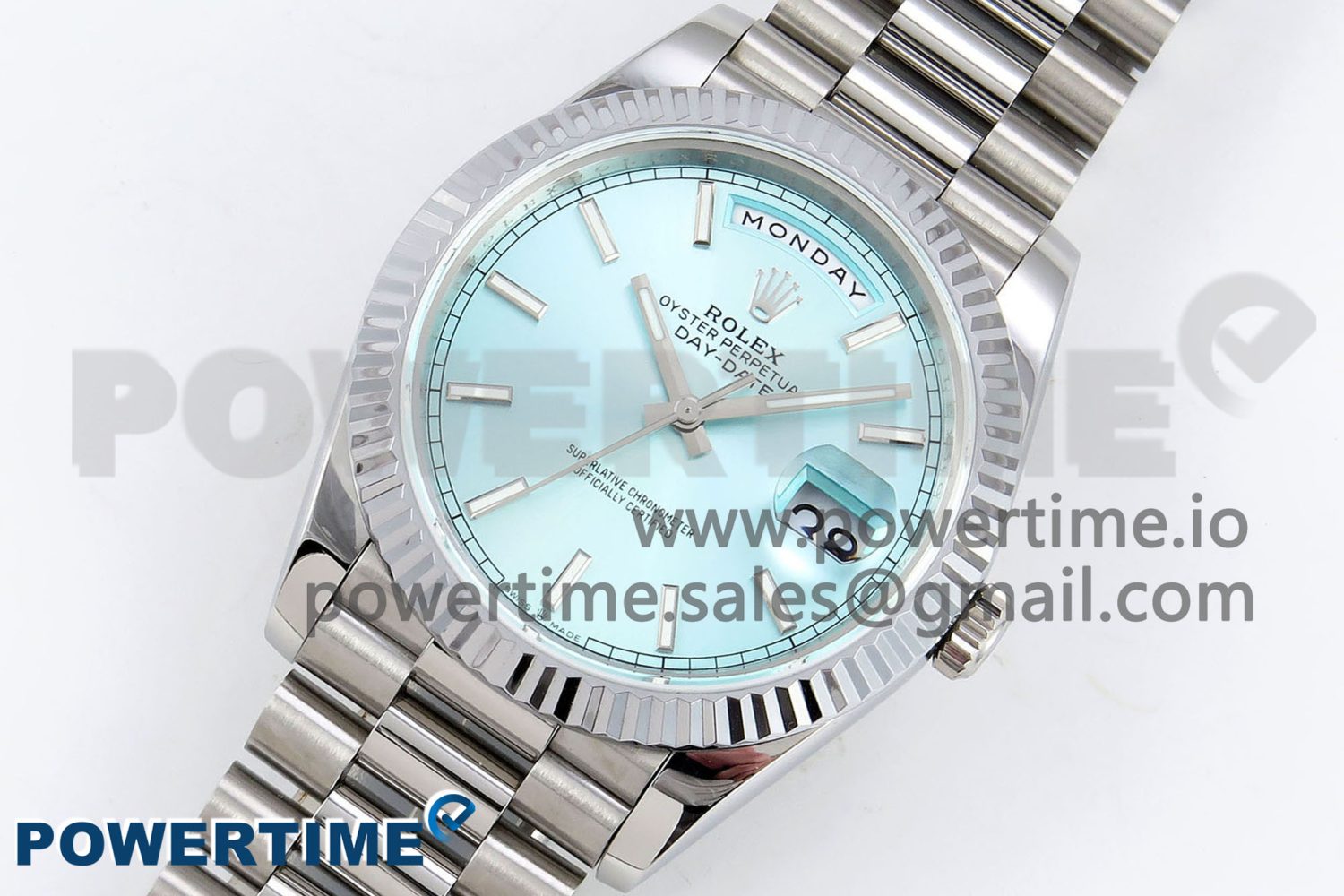 DayDate 40 SS JDF 904L Steel Ice Blue Stick Dial on President Bracelet VR3255 V3 (Gain Weight) - Image 2