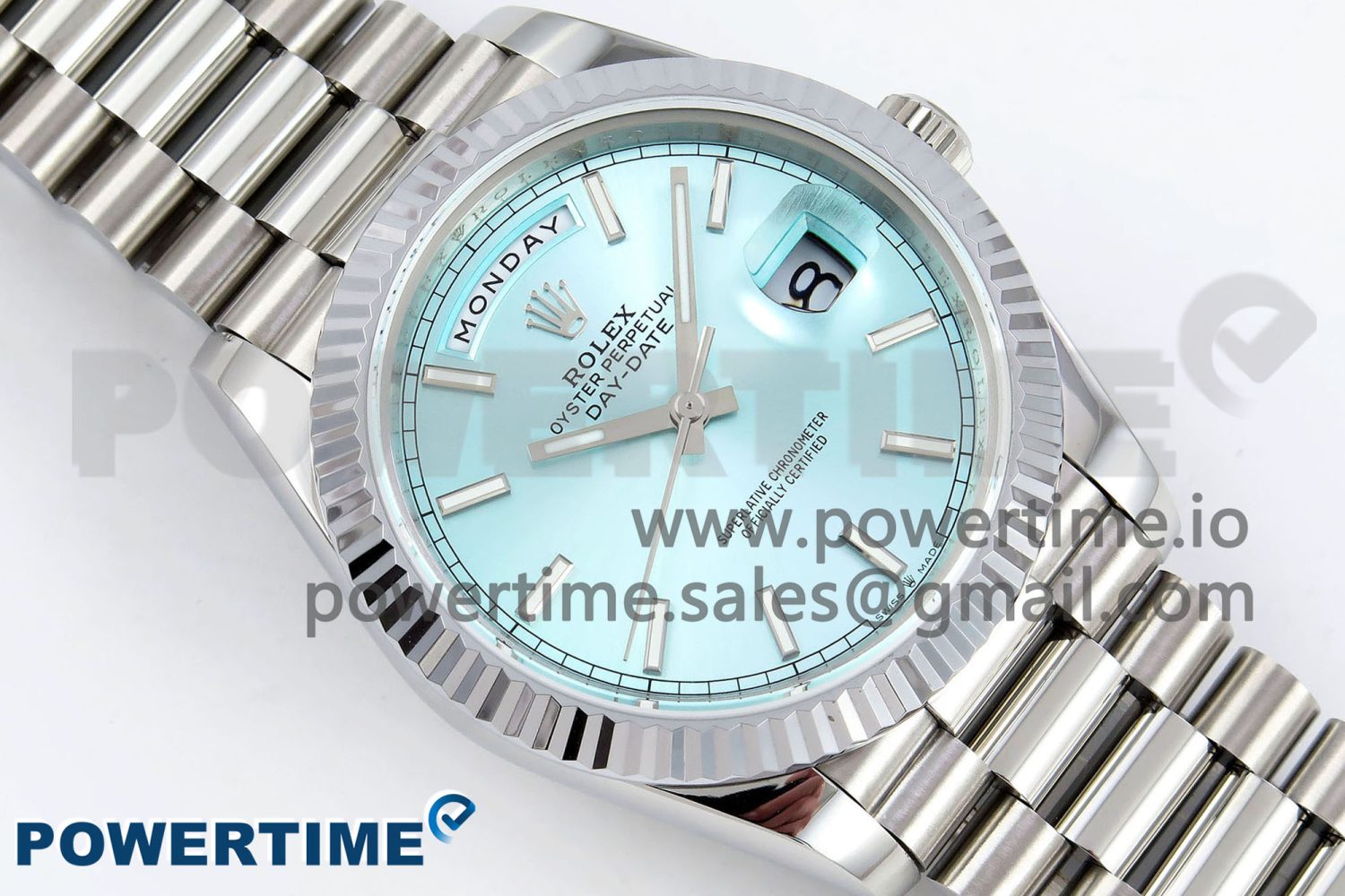 DayDate 40 SS JDF 904L Steel Ice Blue Stick Dial on President Bracelet VR3255 V3 (Gain Weight) - Image 3