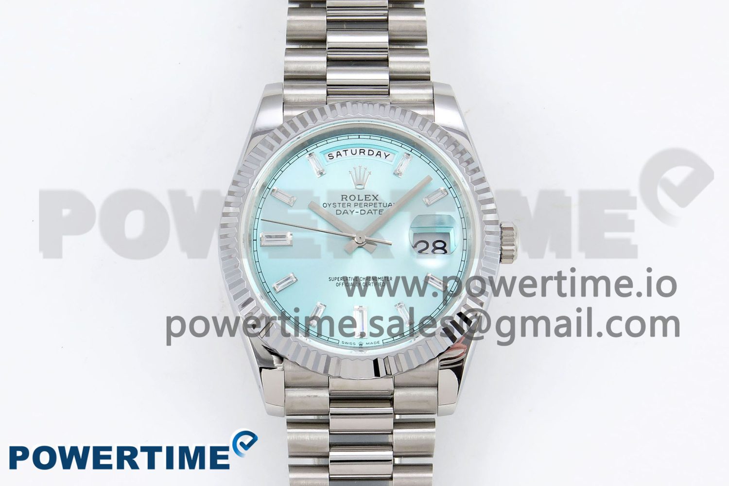 DayDate 40 SS JDF 904L Steel Ice Blue Crystal Dial on President Bracelet VR3255 V3 (Gain Weight) - Image 1