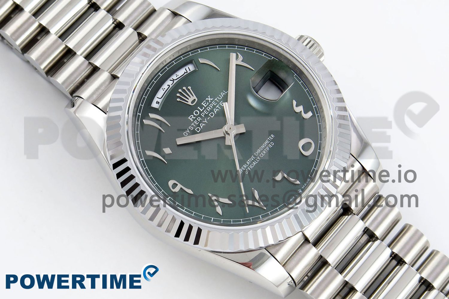 DayDate 40 SS JDF 904L Steel Green Arabic Dial on President Bracelet VR3255 V3 (Gain Weight) - Image 3