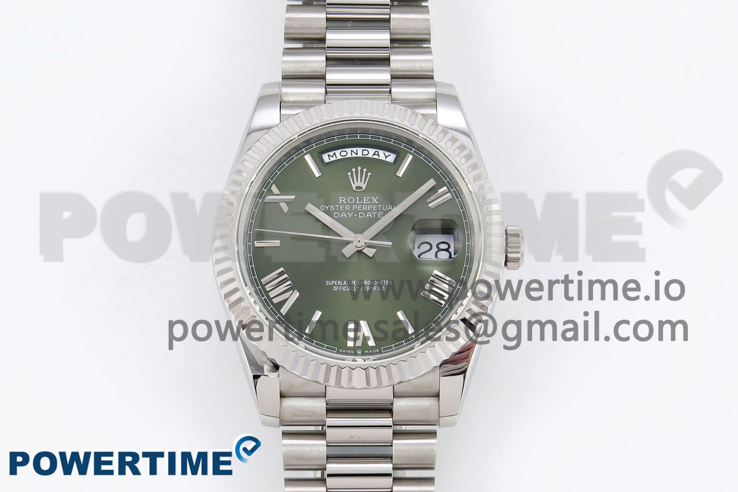 DayDate 40 SS JDF 904L Steel Green Roman Dial on President Bracelet VR3255 V3 (Gain Weight) - Image 1