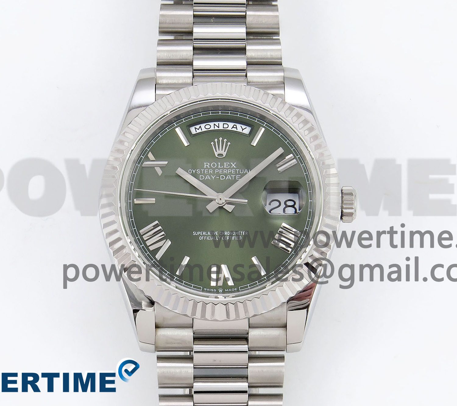 DayDate 40 SS JDF 904L Steel Green Roman Dial on President Bracelet VR3255 V3 (Gain Weight)