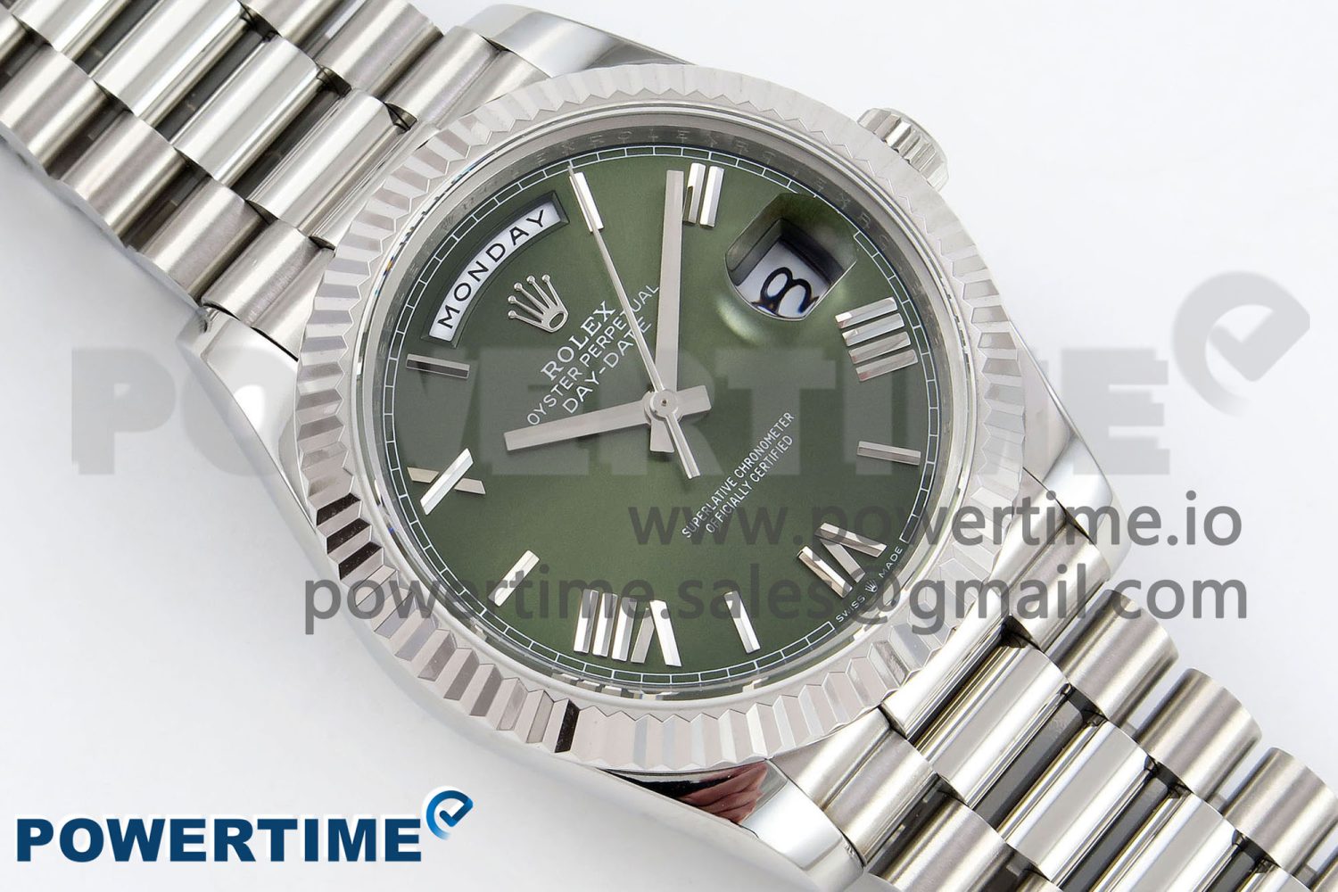 DayDate 40 SS JDF 904L Steel Green Roman Dial on President Bracelet VR3255 V3 (Gain Weight) - Image 3