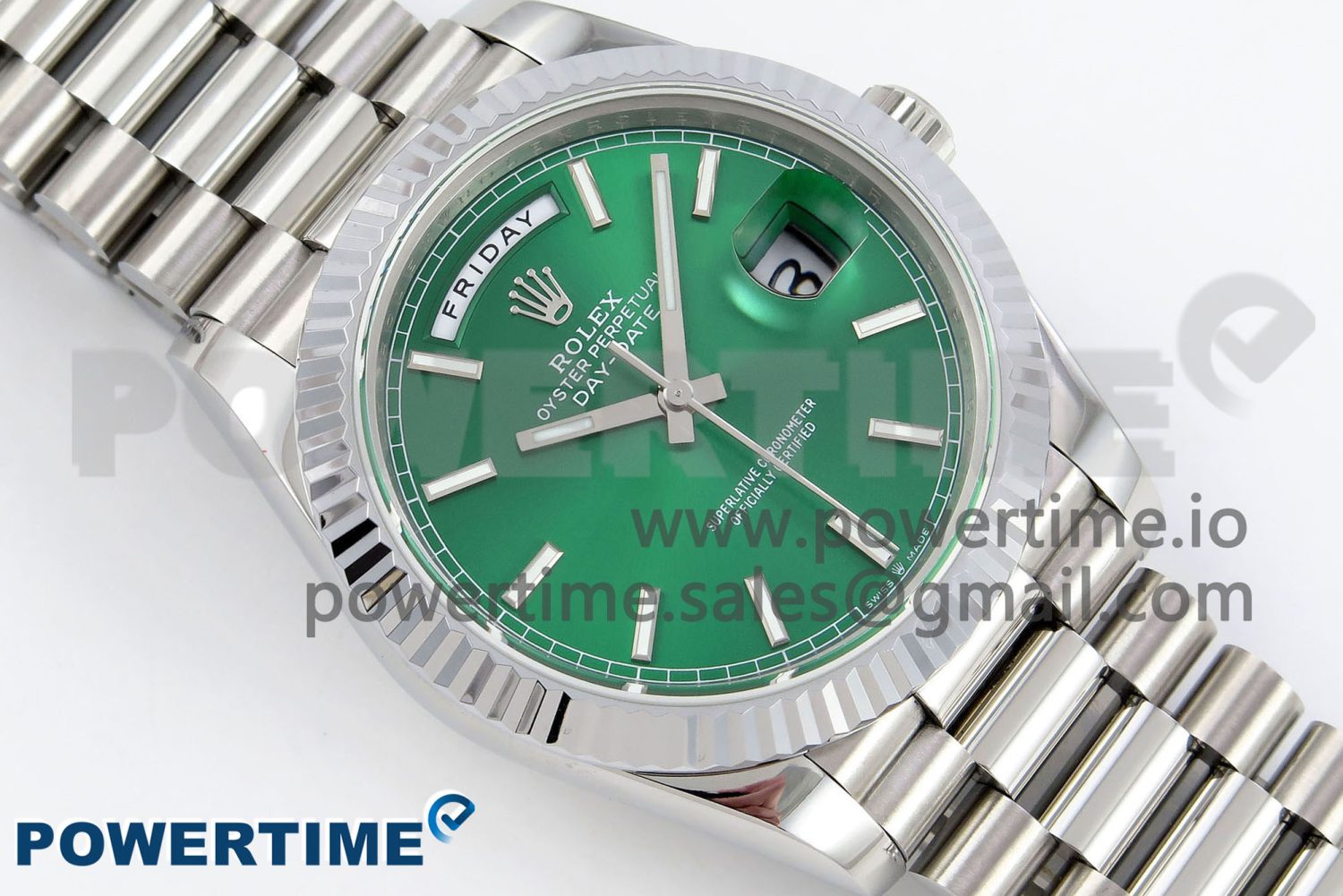 DayDate 40 SS JDF 904L Steel Light Green Stick Dial on President Bracelet VR3255 V3 (Gain Weight) - Image 3