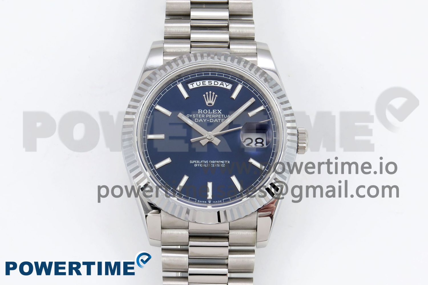 DayDate 40 SS JDF 904L Steel Blue Stick Dial on President Bracelet VR3255 V3 (Gain Weight) - Image 1