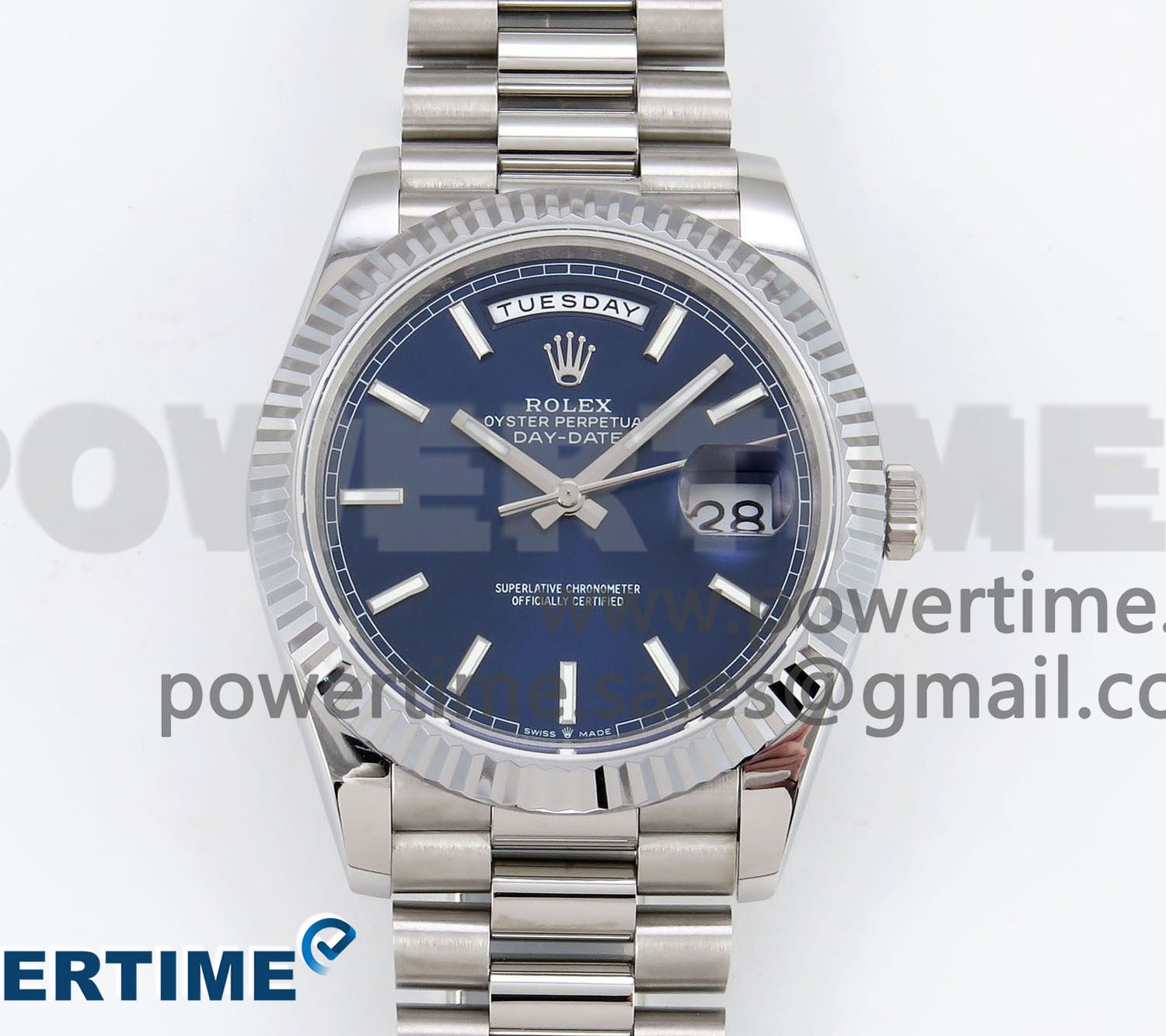 DayDate 40 SS JDF 904L Steel Blue Stick Dial on President Bracelet VR3255 V3 (Gain Weight)