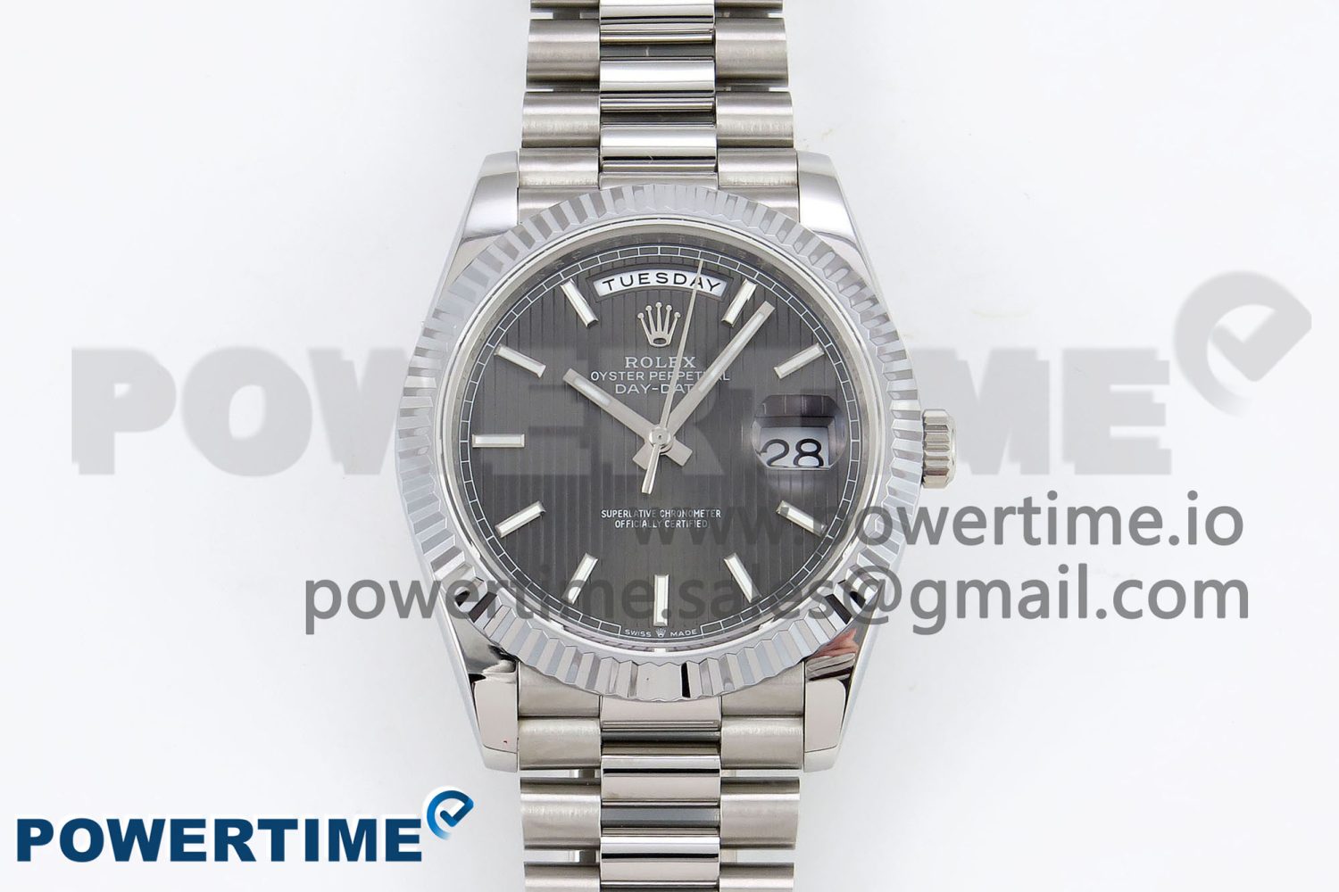 DayDate 40 SS JDF 904L Steel Gray Textured Stick Dial on President Bracelet VR3255 V3 (Gain Weight) - Image 1