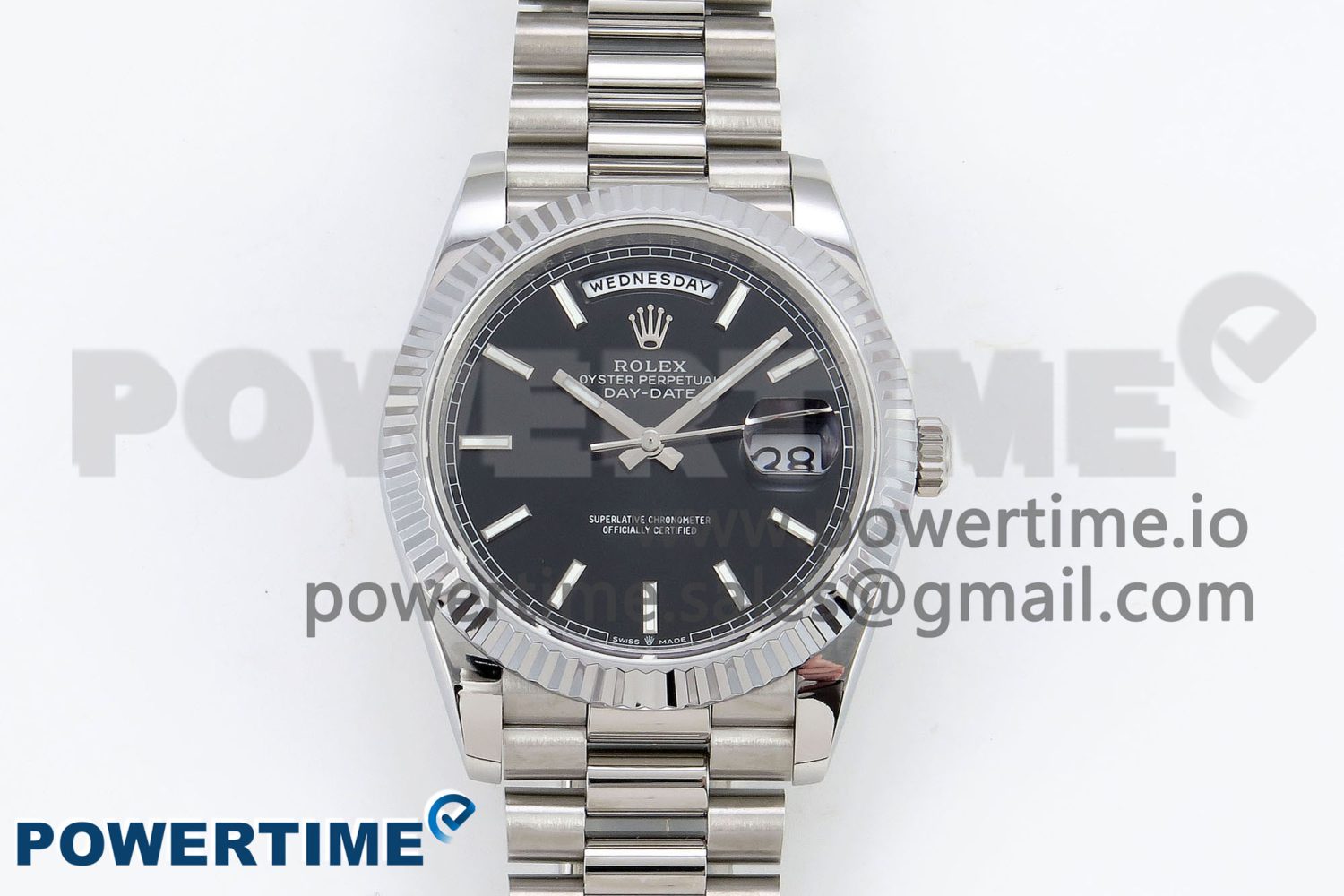 DayDate 40 SS JDF 904L Steel Black Stick Dial on President Bracelet VR3255 V3 (Gain Weight) - Image 1