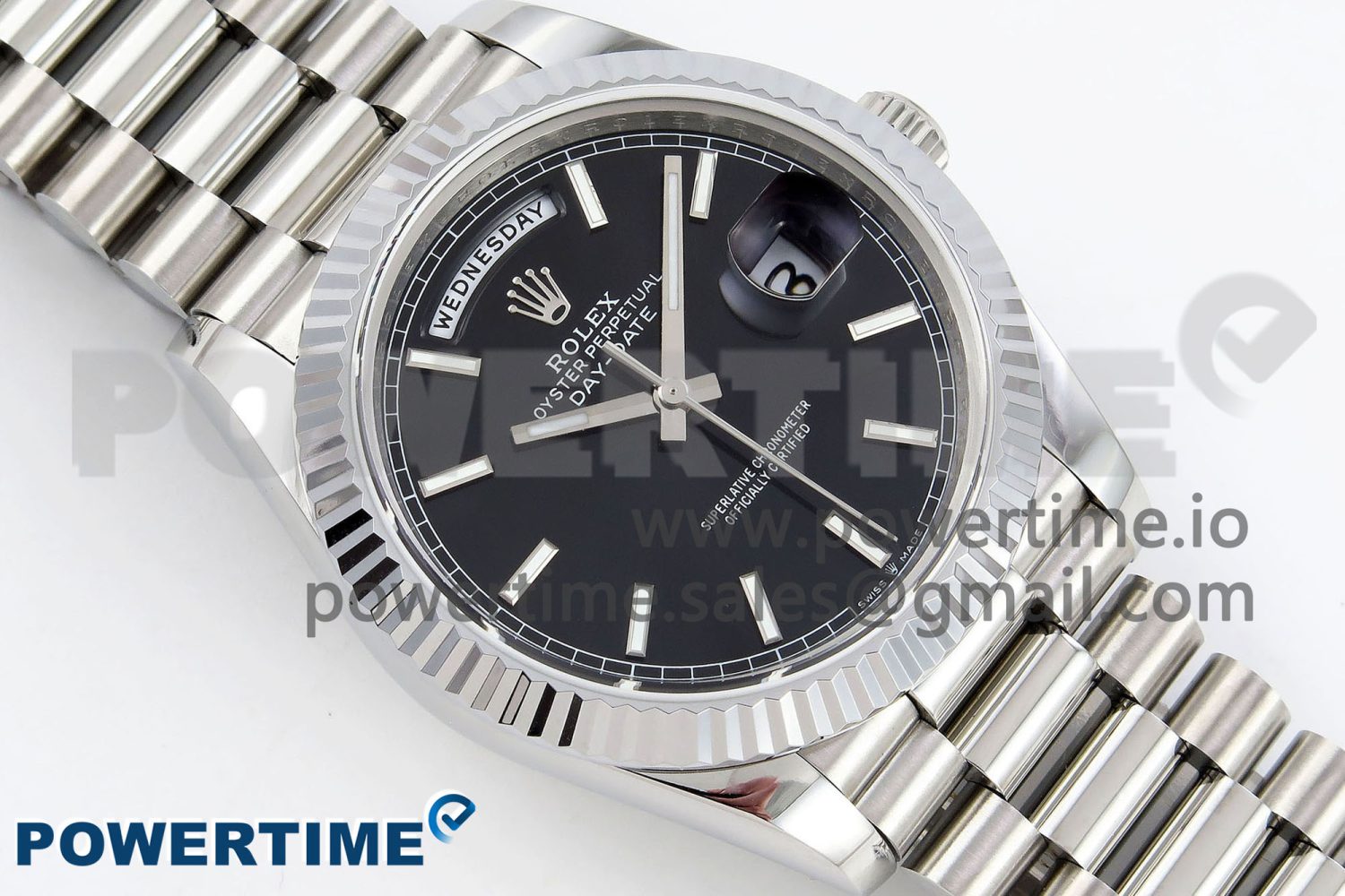 DayDate 40 SS JDF 904L Steel Black Stick Dial on President Bracelet VR3255 V3 (Gain Weight) - Image 3