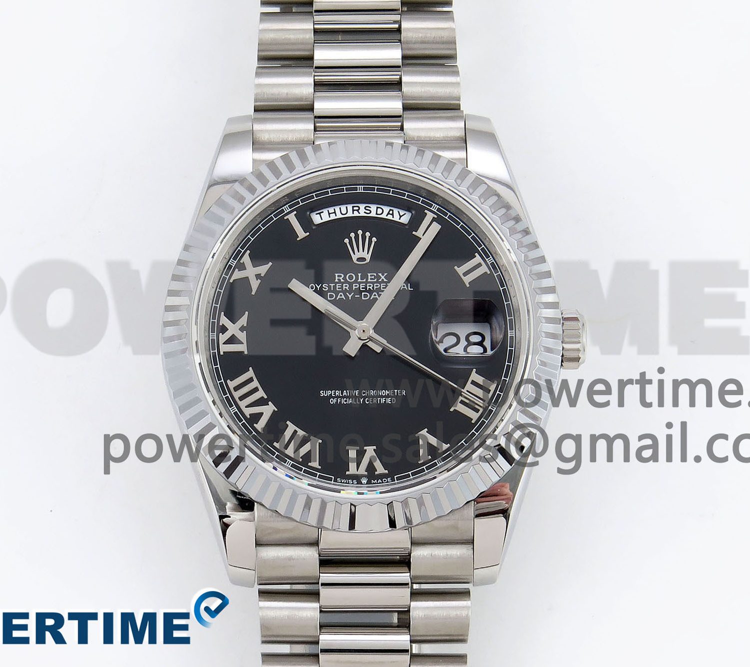 DayDate 40 SS JDF 904L Steel Black Roman Dial on President Bracelet VR3255 V3 (Gain Weight)