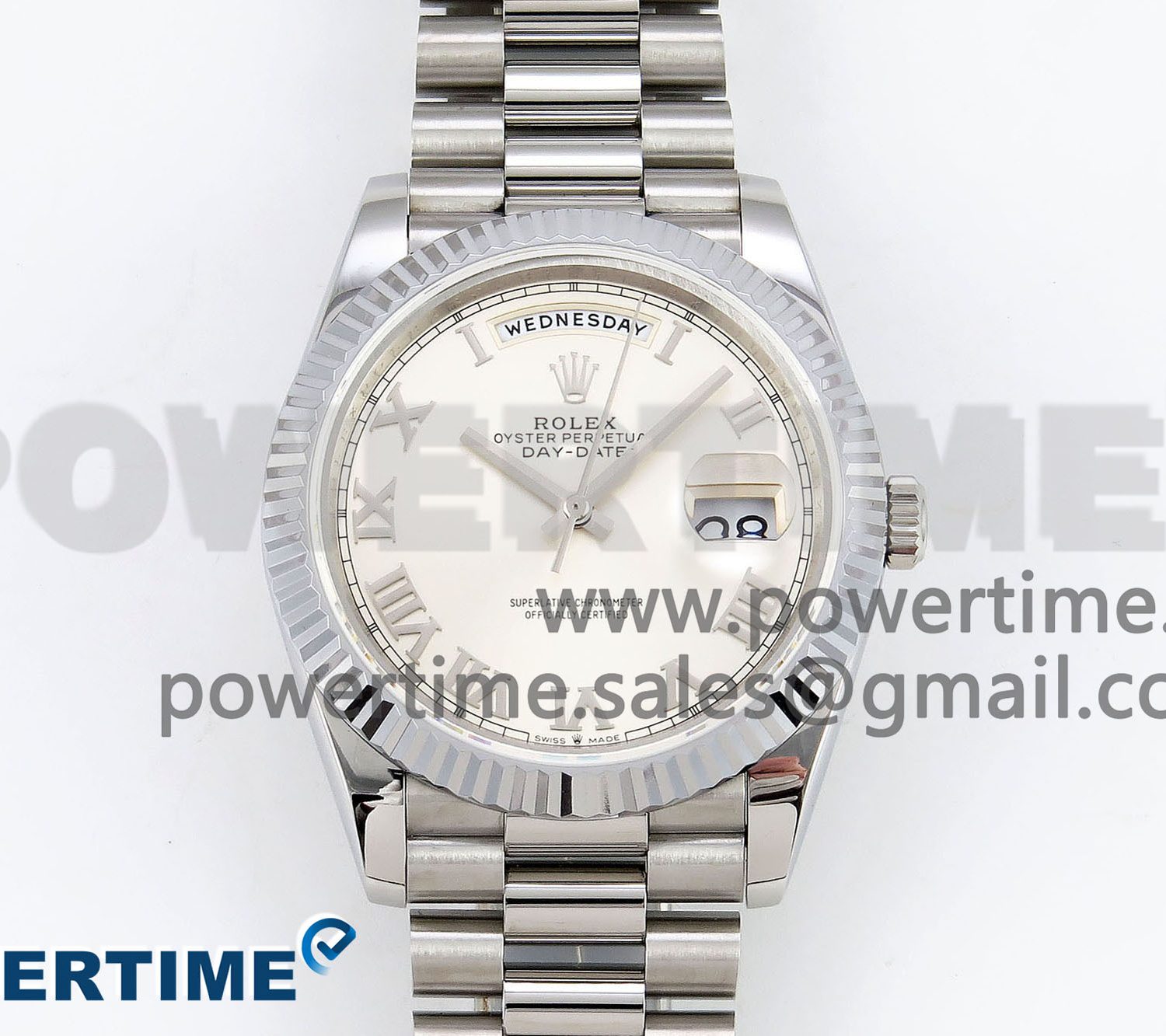 DayDate 40 SS JDF 904L Steel White Textured Roman Dial on President Bracelet VR3255 V3 (Gain Weight)