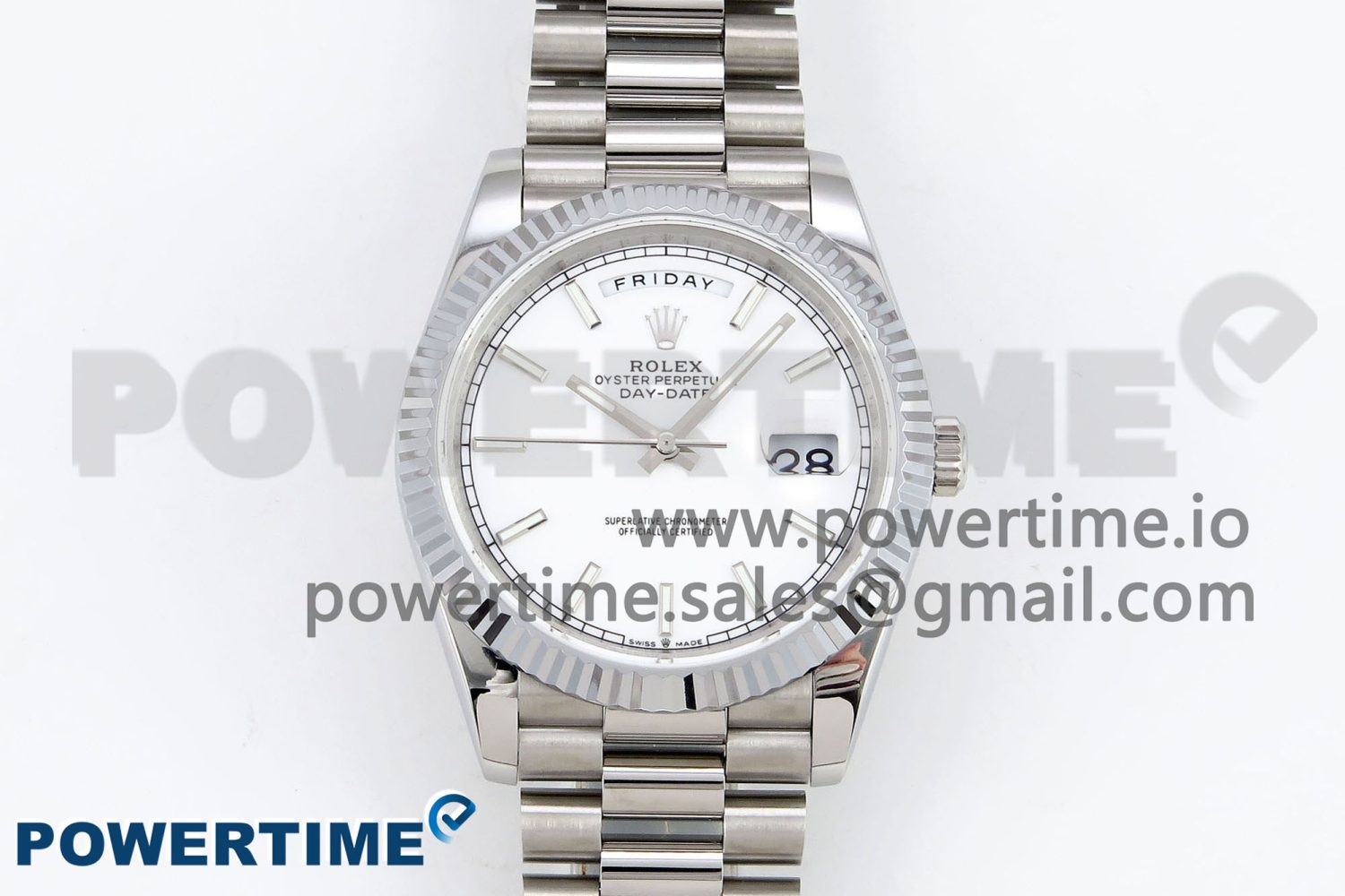 DayDate 40 SS JDF 904L Steel White Stick Dial on President Bracelet VR3255 V3 (Gain Weight) - Image 1