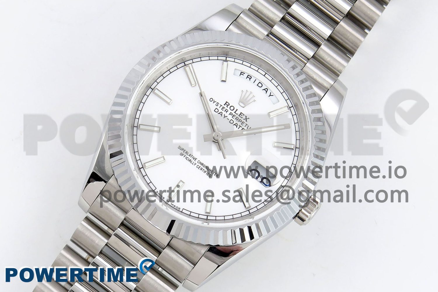 DayDate 40 SS JDF 904L Steel White Stick Dial on President Bracelet VR3255 V3 (Gain Weight) - Image 2