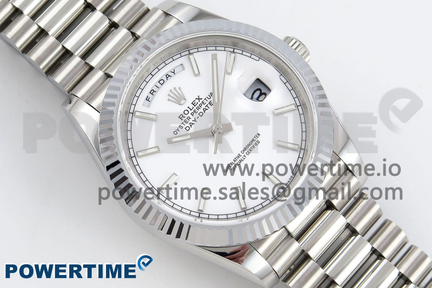DayDate 40 SS JDF 904L Steel White Stick Dial on President Bracelet VR3255 V3 (Gain Weight) - Image 3