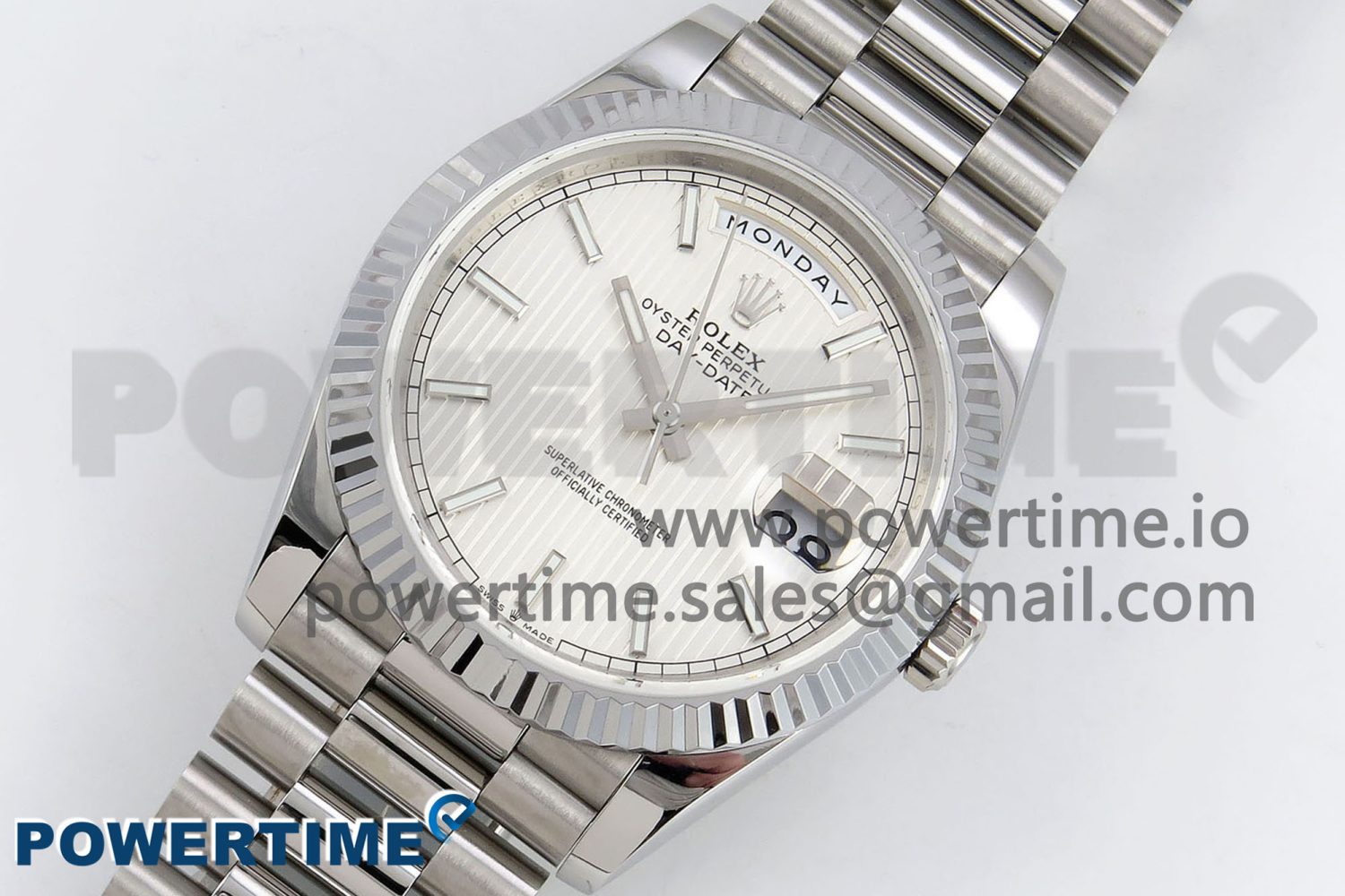 DayDate 40 SS JDF 904L Steel Silver Textured Stick Dial on President Bracelet VR3255 V3 (Gain Weight) - Image 2