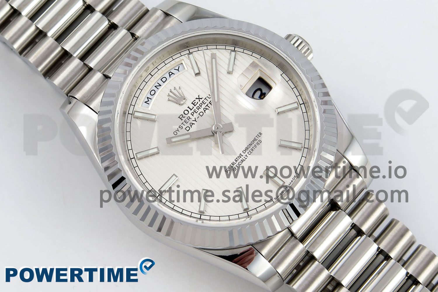 DayDate 40 SS JDF 904L Steel Silver Textured Stick Dial on President Bracelet VR3255 V3 (Gain Weight) - Image 3