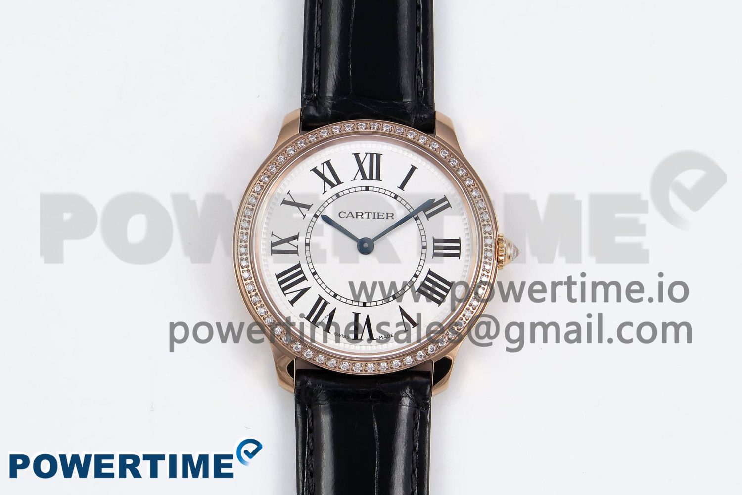 Ronde Louis Cartier 36mm RG DRF 1:1 Best Edition Sandblasted Beige Dial Diamonds Bezel on Black Leather Strap Ronda Quartz - Image 1