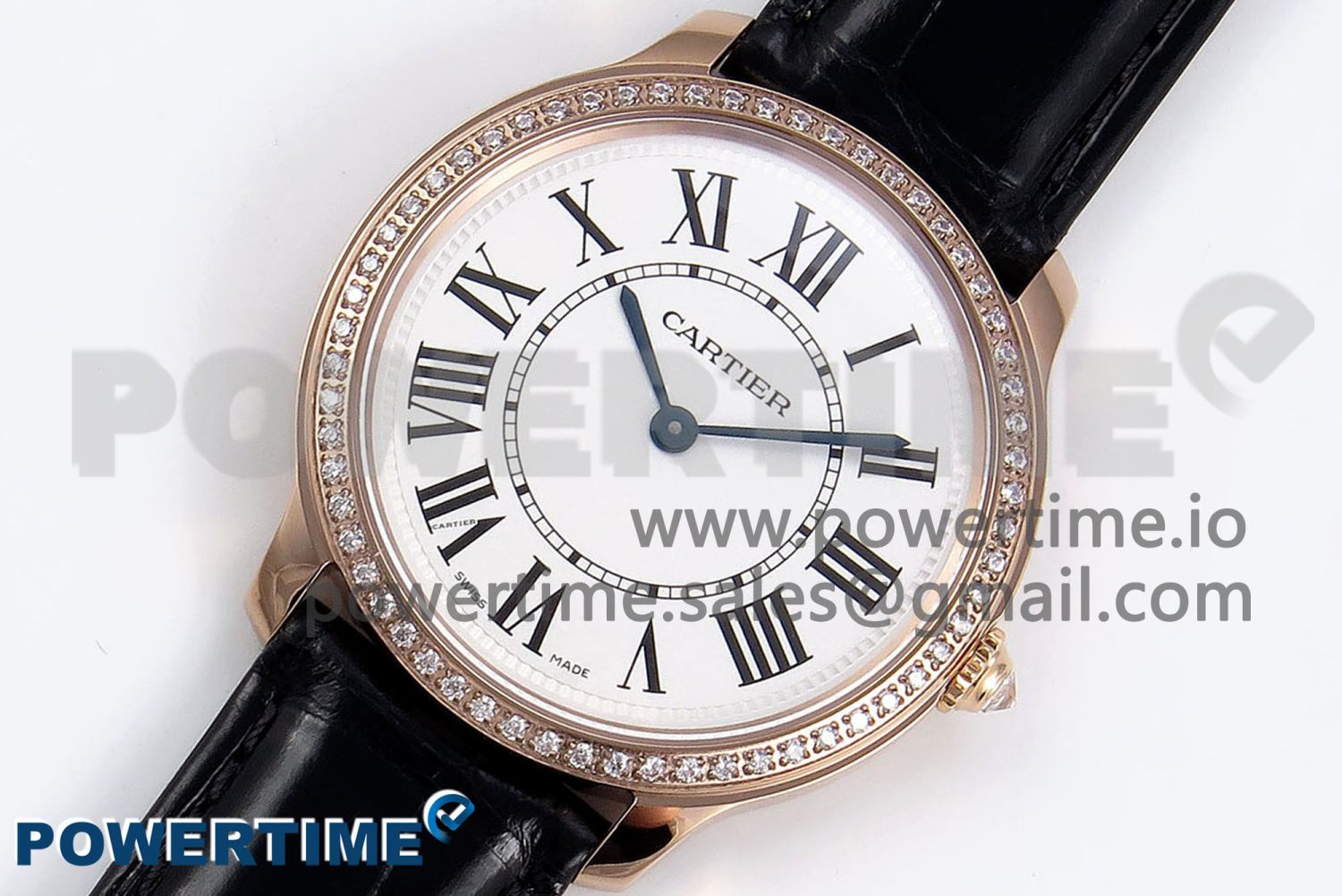 Ronde Louis Cartier 36mm RG DRF 1:1 Best Edition Sandblasted Beige Dial Diamonds Bezel on Black Leather Strap Ronda Quartz - Image 2