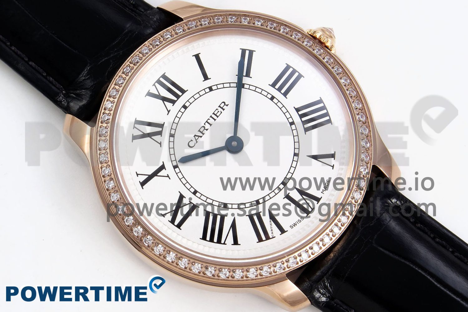 Ronde Louis Cartier 36mm RG DRF 1:1 Best Edition Sandblasted Beige Dial Diamonds Bezel on Black Leather Strap Ronda Quartz - Image 3