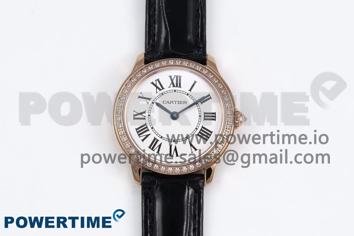 Ronde Louis Cartier 29mm RG DRF 1:1 Best Edition Sandblasted Beige Dial Diamonds Bezel on Black Leather Strap Ronda Quartz - Image 1