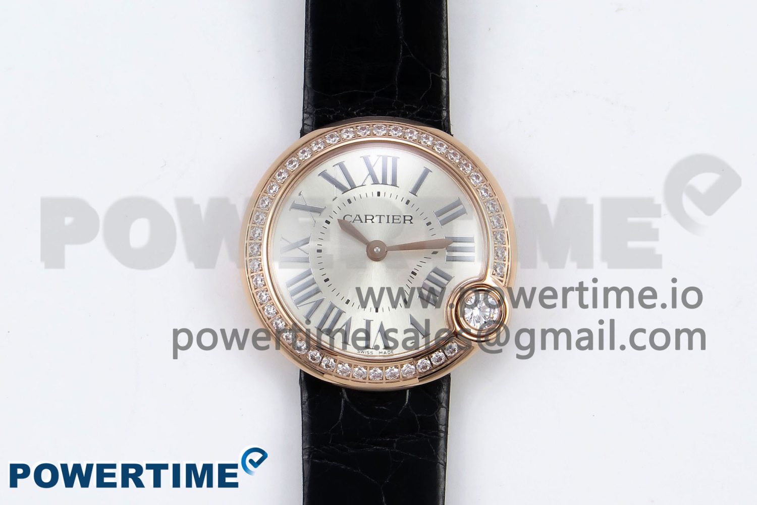 Ballon Blanc De Cartier 30mm RG DRF 1:1 Best Edition Silvered Texture Dial Diamonds Bezel on Black Leather Strap Ronda Quartz - Image 1