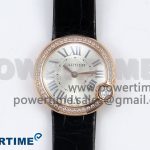 Ballon Blanc De Cartier 30mm RG DRF 1:1 Best Edition Silvered Texture Dial Diamonds Bezel on Black Leather Strap Ronda Quartz
