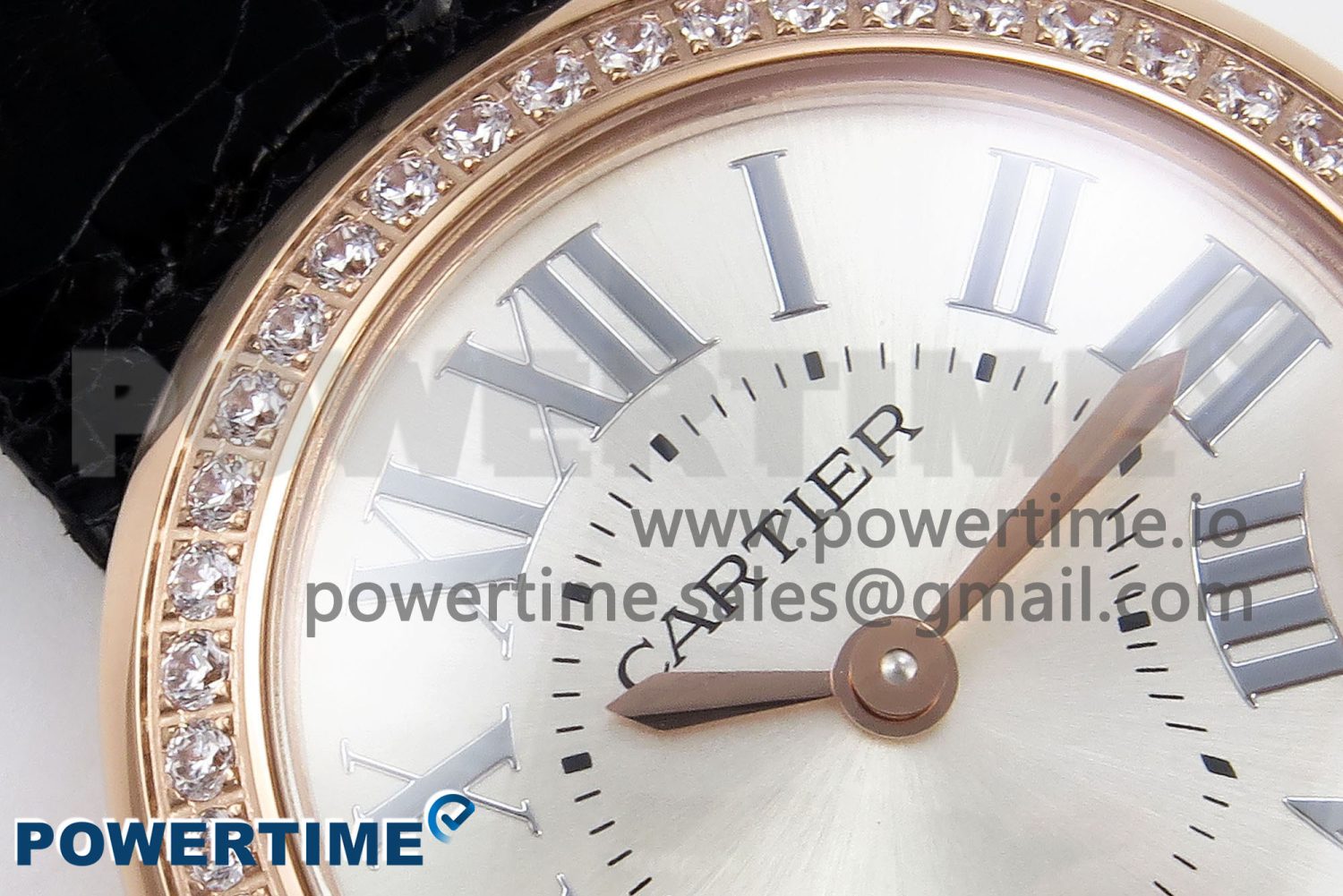 Ballon Blanc De Cartier 30mm RG DRF 1:1 Best Edition Silvered Texture Dial Diamonds Bezel on Black Leather Strap Ronda Quartz - Image 4