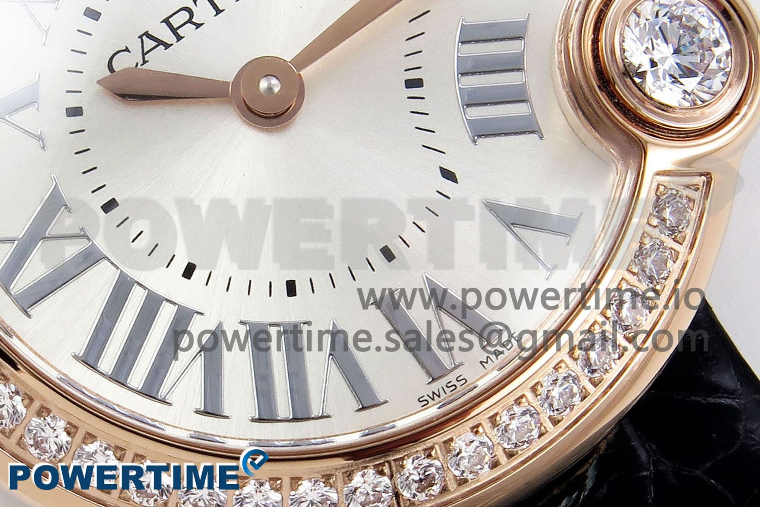 Ballon Blanc De Cartier 30mm RG DRF 1:1 Best Edition Silvered Texture Dial Diamonds Bezel on Black Leather Strap Ronda Quartz - Image 5