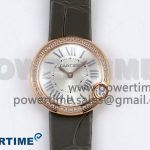 Ballon Blanc De Cartier 30mm RG DRF 1:1 Best Edition Silvered Texture Dial Diamonds Bezel on Green Leather Strap Ronda Quartz