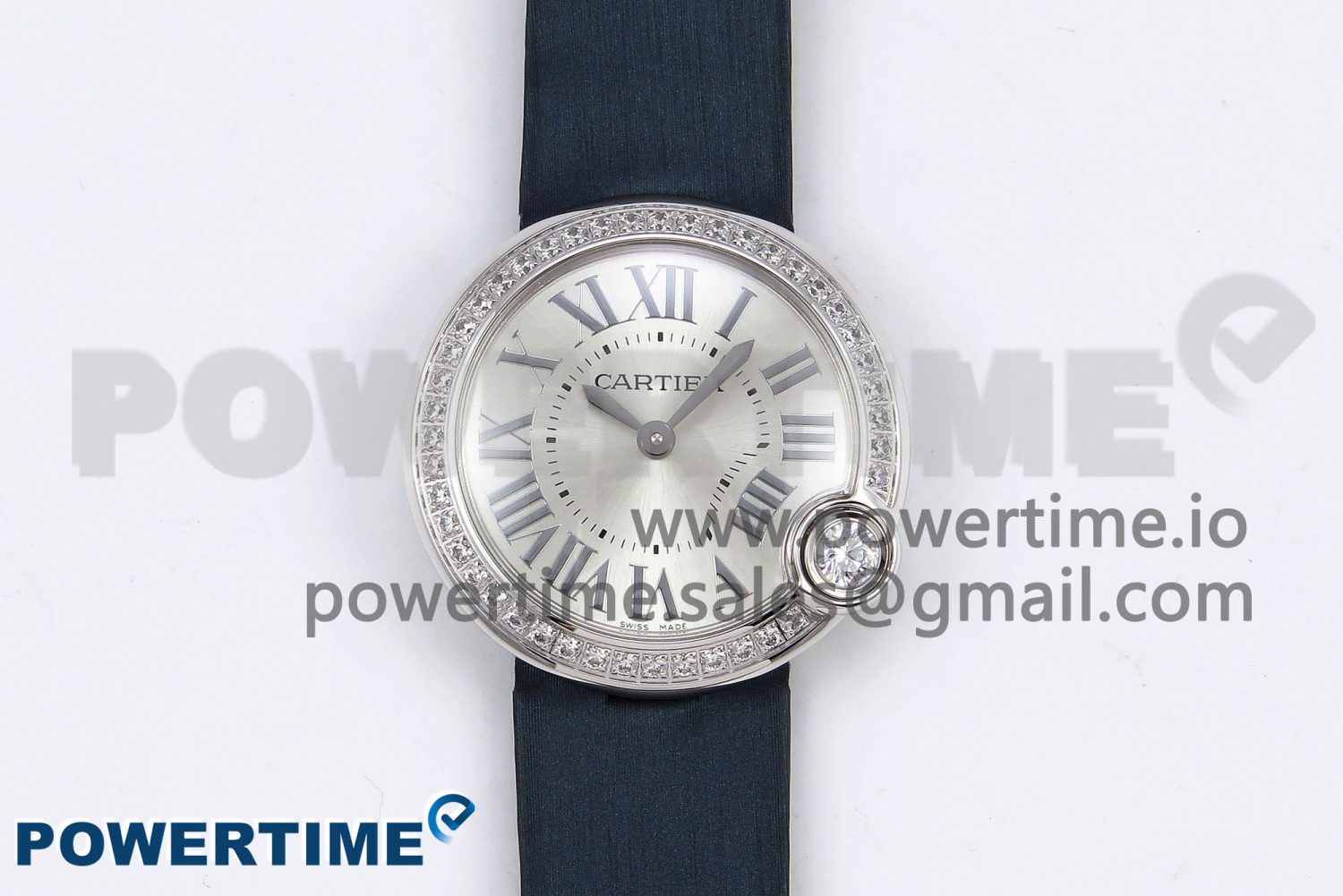 Ballon Blanc De Cartier 30mm SS DRF 1:1 Best Edition Silvered Texture Dial Diamonds Bezel on Blue Calfskin Strap Ronda Quartz - Image 1