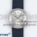 Ballon Blanc De Cartier 30mm SS DRF 1:1 Best Edition Silvered Texture Dial Diamonds Bezel on Blue Calfskin Strap Ronda Quartz