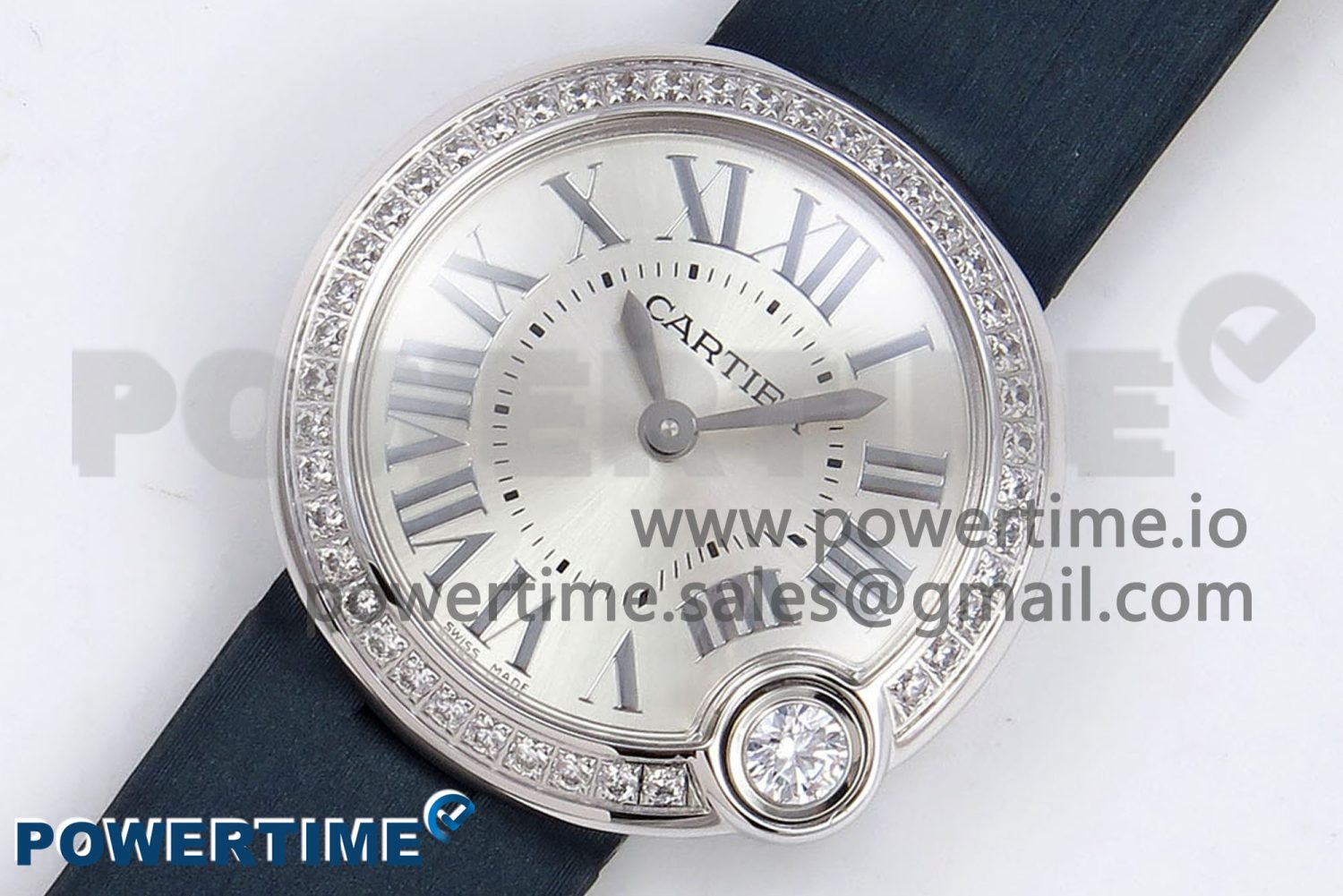 Ballon Blanc De Cartier 30mm SS DRF 1:1 Best Edition Silvered Texture Dial Diamonds Bezel on Blue Calfskin Strap Ronda Quartz - Image 2