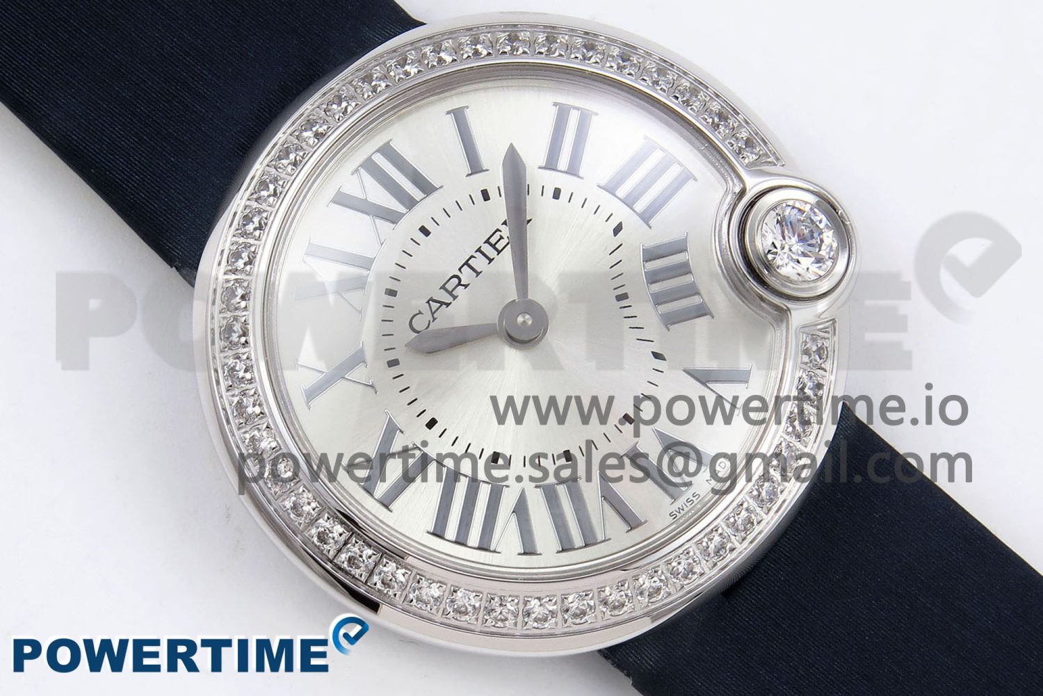 Ballon Blanc De Cartier 30mm SS DRF 1:1 Best Edition Silvered Texture Dial Diamonds Bezel on Blue Calfskin Strap Ronda Quartz - Image 3