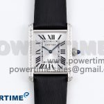 Tank Must Large SS 33.7mm DRF 1:1 Best Edition White Dial Diamonds Bezel on Black Calfskin Strap Swiss Quartz