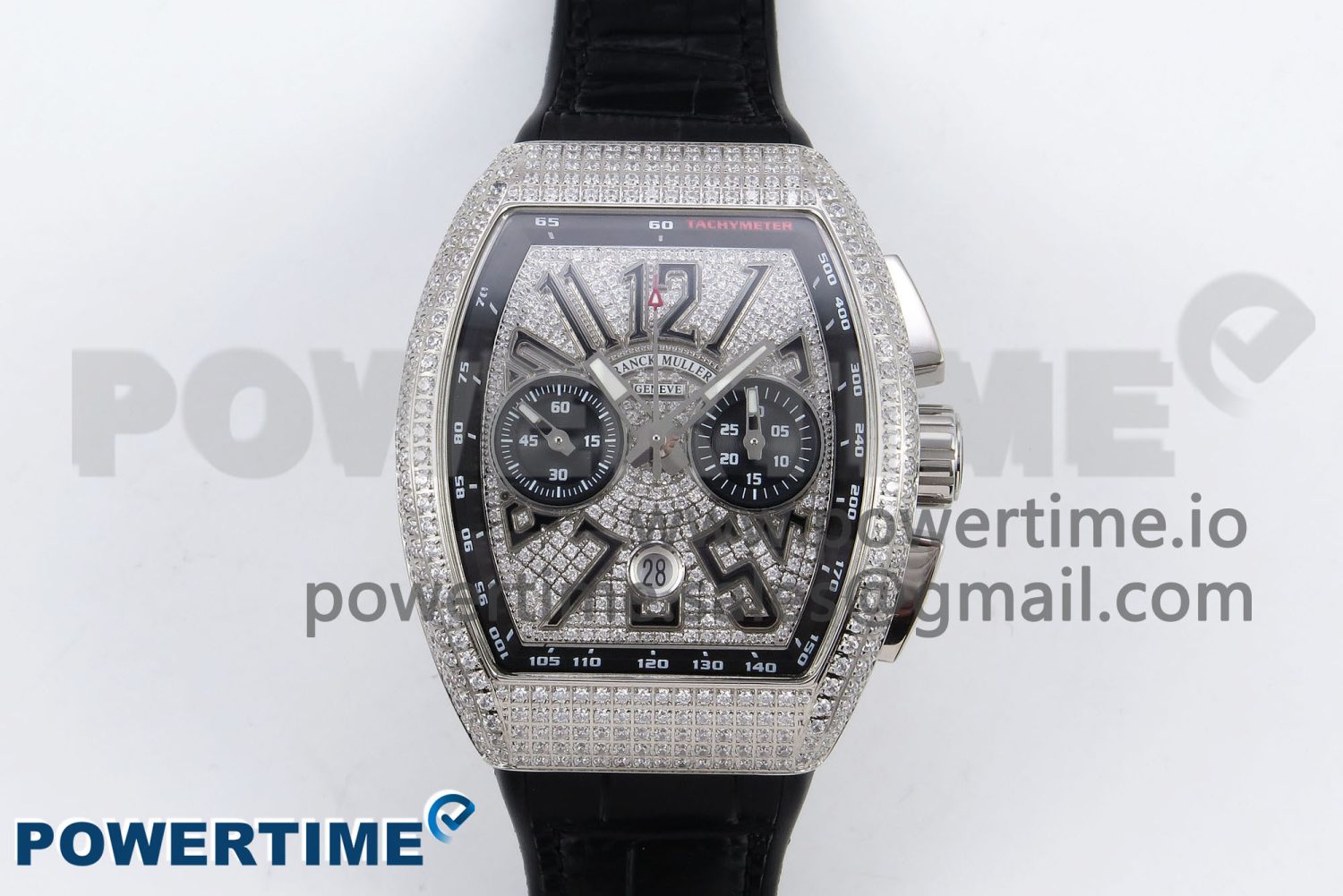 Vanguard Chrono SS ABF 1:1 Best Edition Black Dial Full Diamonds on Black Leather Strap A7750 - Image 1