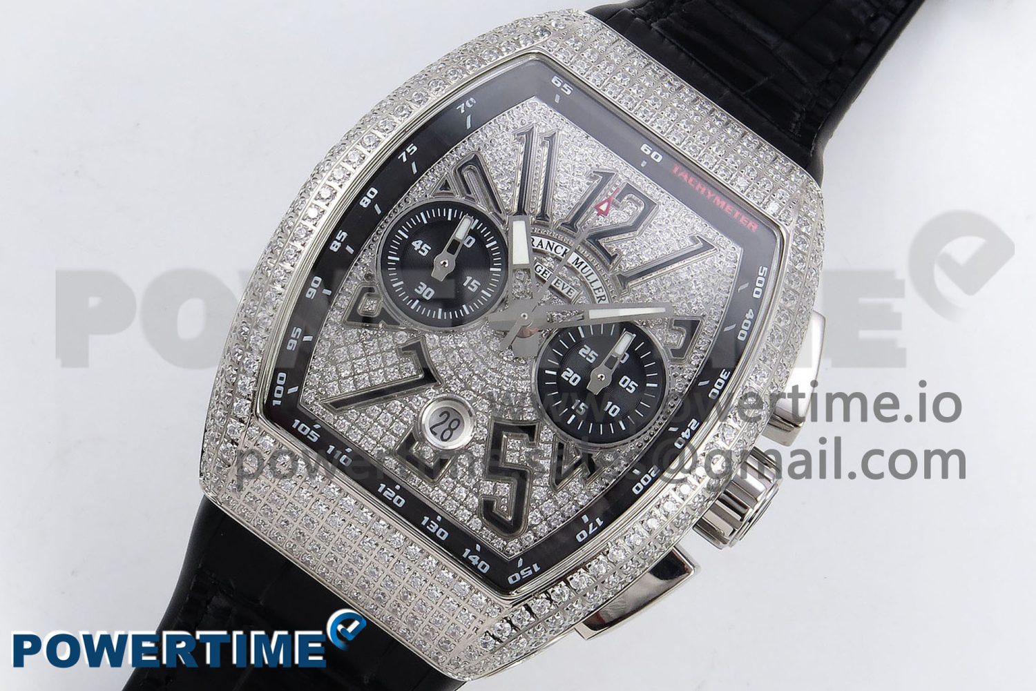 Vanguard Chrono SS ABF 1:1 Best Edition Black Dial Full Diamonds on Black Leather Strap A7750 - Image 2