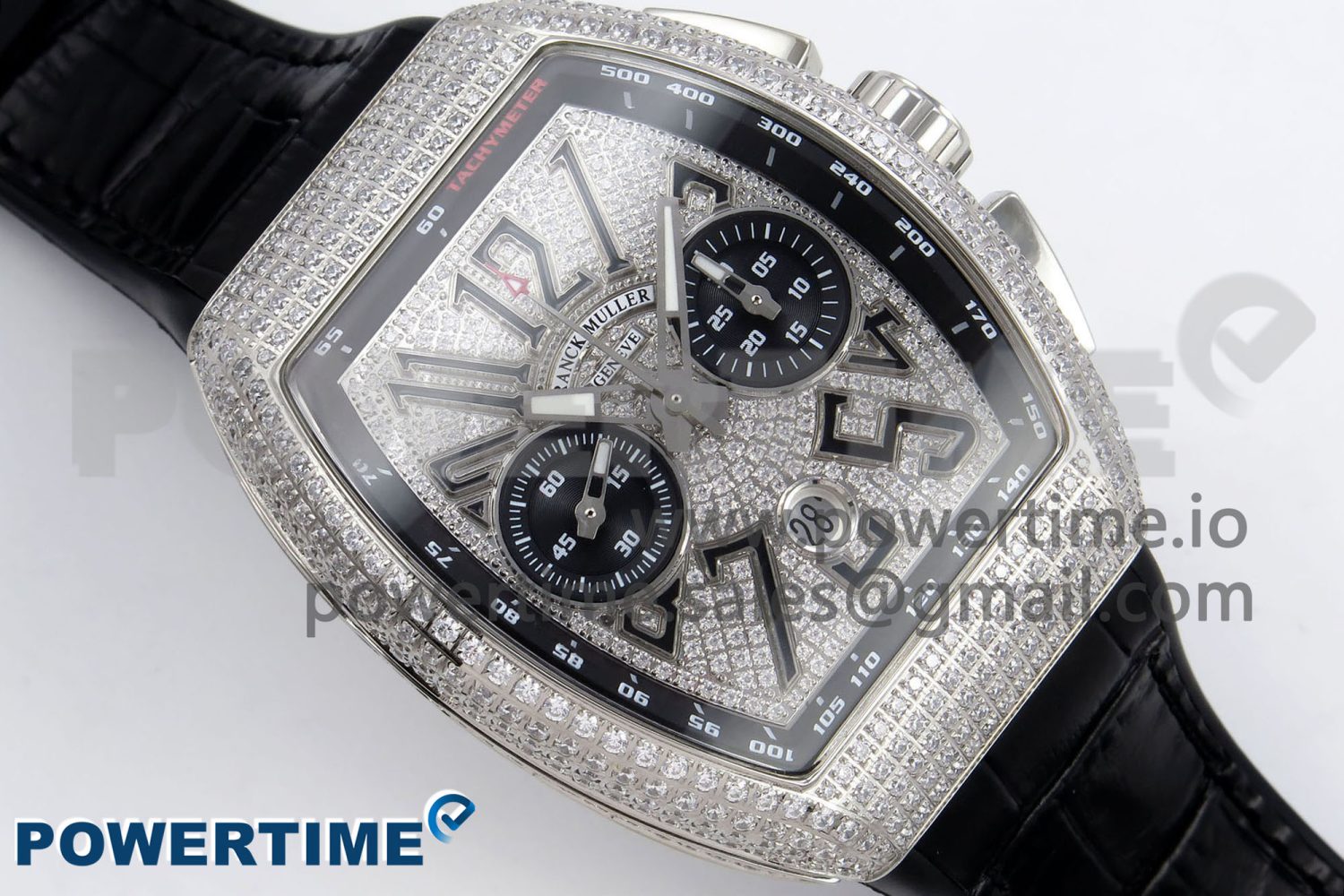 Vanguard Chrono SS ABF 1:1 Best Edition Black Dial Full Diamonds on Black Leather Strap A7750 - Image 3