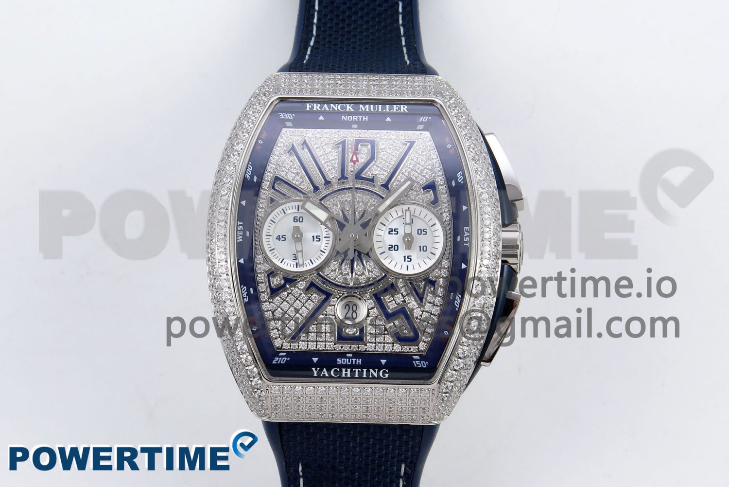 Vanguard Chrono SS ABF 1:1 Best Edition Blue Dial Full Diamonds on Blue Nylon Strap A7750 - Image 1