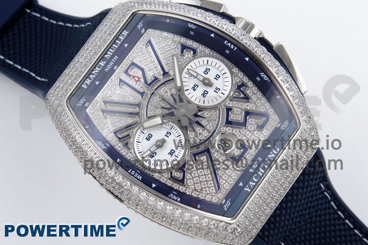 Vanguard Chrono SS ABF 1:1 Best Edition Blue Dial Full Diamonds on Blue Nylon Strap A7750 - Image 3