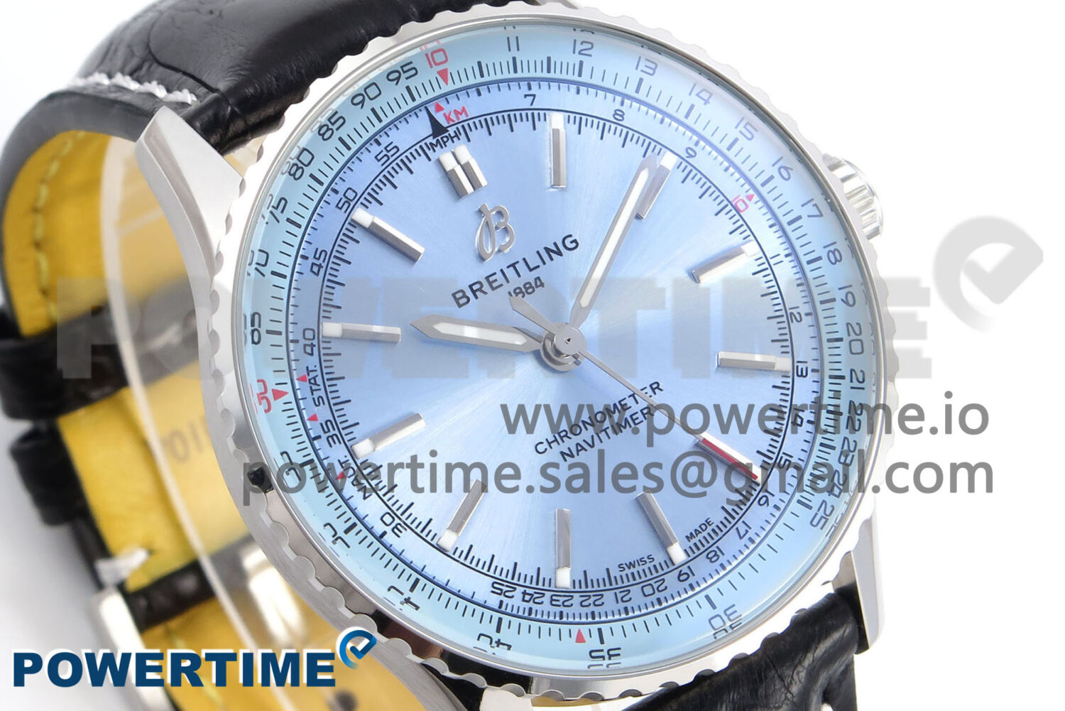 Navitimer Automatic 41mm SS TF 1:1 Best Edition Ice Blue Dial on Black Leather Strap A2824 - Image 3