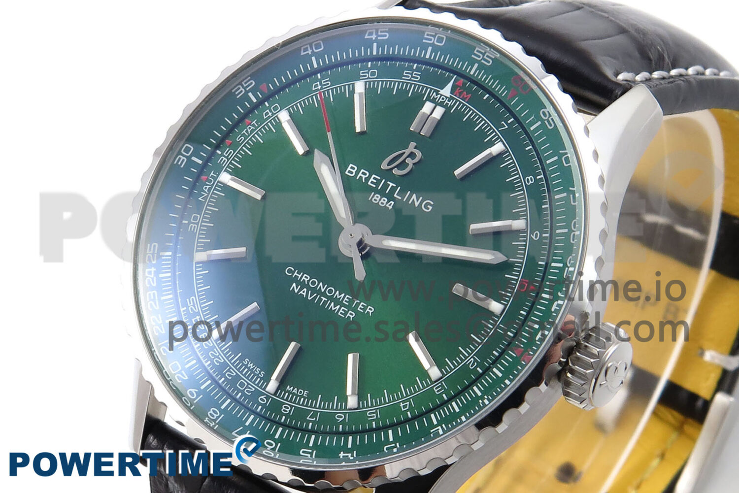 Navitimer Automatic 41mm SS TF 1:1 Best Edition Green Dial on Black Leather Strap A2824 - Image 2