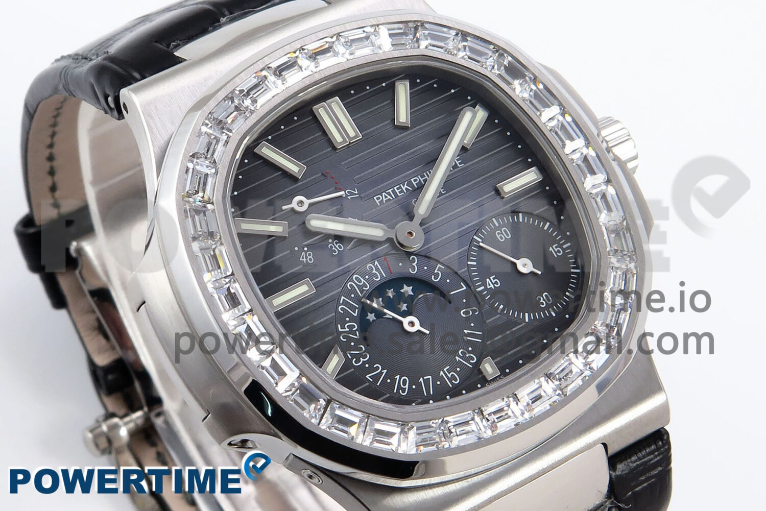 Nautilus 5712 SS PPF 1:1 Best Edition Blue Dial Diamonds Bezel on Black Leather Strap A240 Super Clone V2 - Image 3
