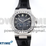 Nautilus 5712 SS PPF 1:1 Best Edition Blue Dial Diamonds Bezel on Black Leather Strap A240 Super Clone V2