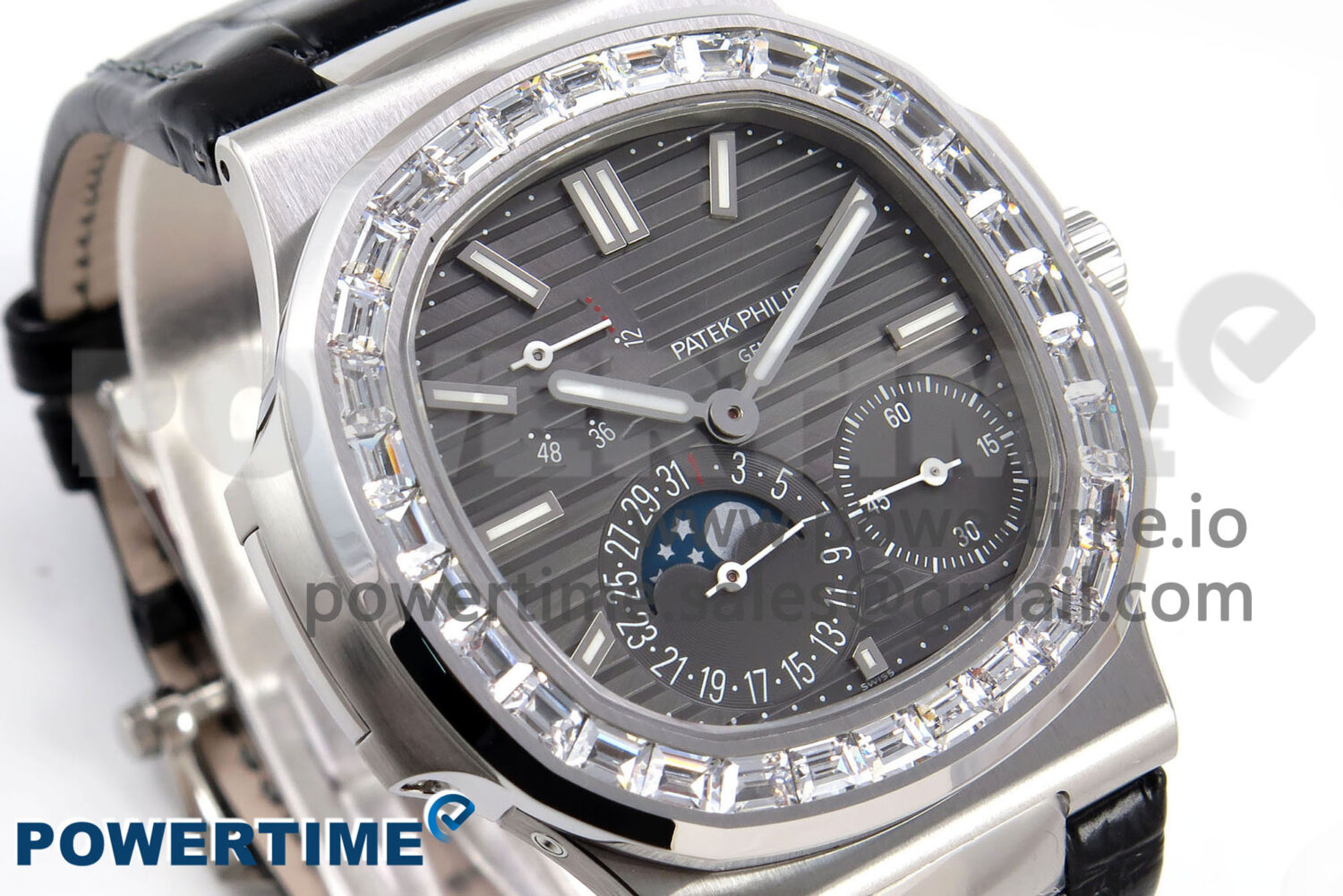 Nautilus 5712 SS PPF 1:1 Best Edition Gray Dial Diamonds Bezel on Black Leather Strap A240 Super Clone V2 - Image 3
