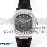 Nautilus 5712 SS PPF 1:1 Best Edition Gray Dial Diamonds Bezel on Black Leather Strap A240 Super Clone V2