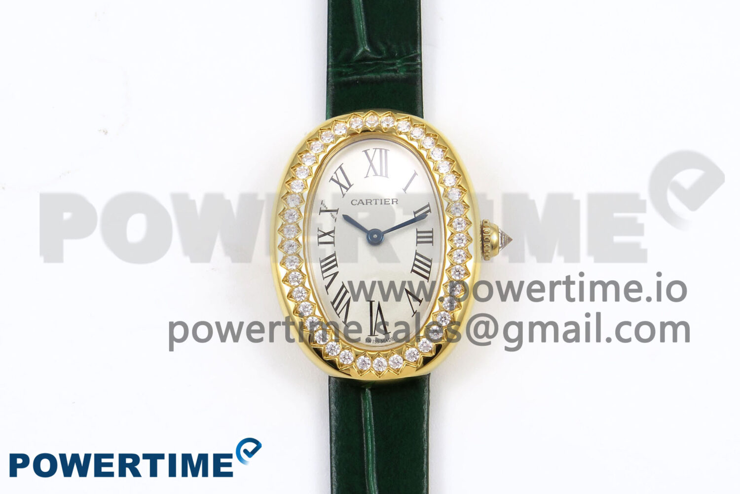 Baignoire Watch YG AF 1:1 Best Edition White Dial Diamonds Bezel on Green Croco Strap RONDA Quartz - Image 1