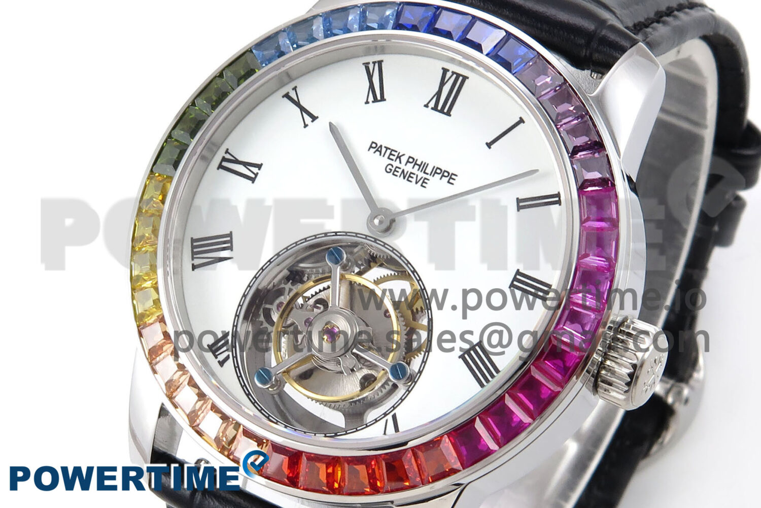 PP Tourbillon SS Rainbow Bezel RMSF Edition White Dial on Black Leather Strap - Image 3