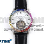 PP Tourbillon SS Rainbow Bezel RMSF Edition White Dial on Black Leather Strap